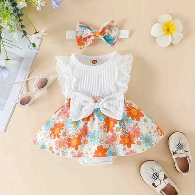 2-piece Summer Girls' Lace Dress Hairband Set Printed Jumpsuit, Baby Dress, Children's Set