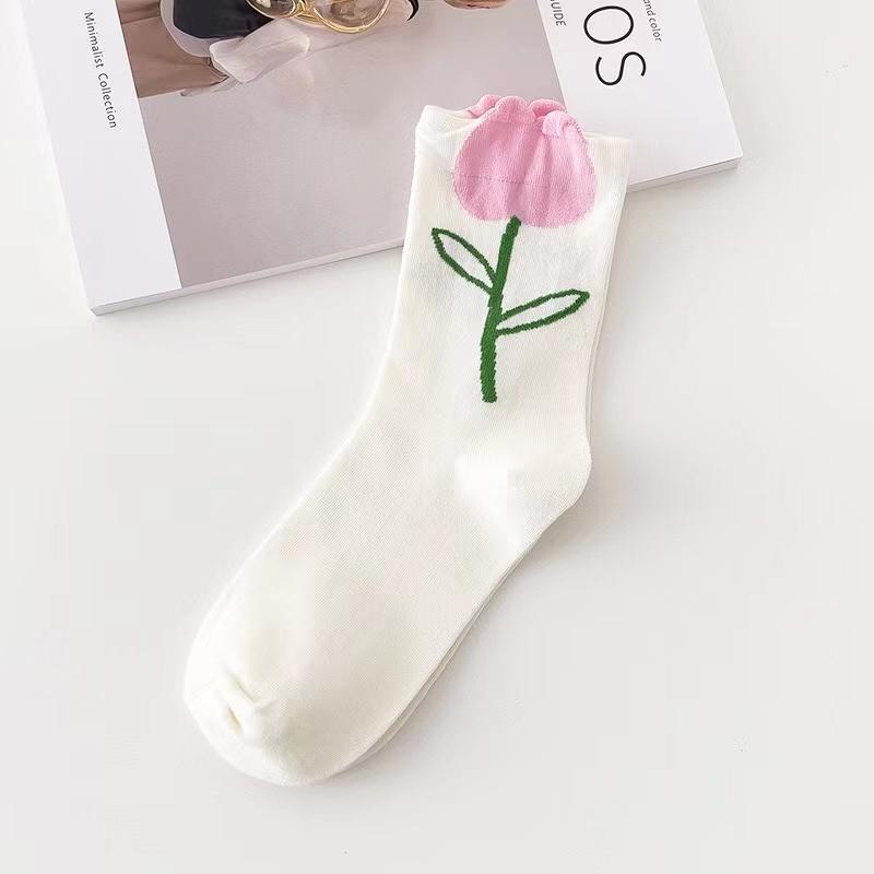 

1 пара, женские средние носки-трубочки в стиле Харадзюку, винтажные носки в стиле ретро с цветочным принтом, элегантные этнические милые повседневные кавайные носки для девочек Single code белый