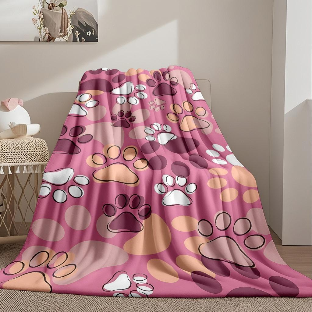 Abstract Colorful Pet Paw Outline Pink Base Repeat Pattern Flannel Throw Blanket, Warm Cozy Blanket,Cute Animal Girls Room Decor