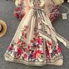 Vestido de Fiesta Boho para Mujer Impresión Floral Preciosa Gasa Manga de Farol Cierre de Cordones Cruzado Cuello en V Empalme de Banda de Satén