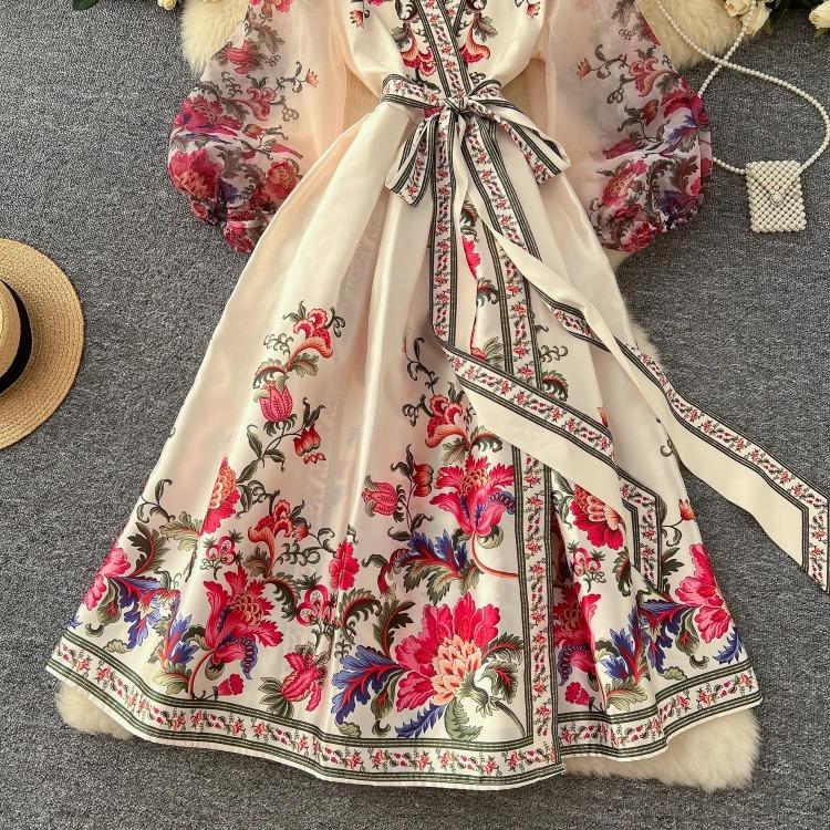 Vestido de Fiesta Boho para Mujer Impresión Floral Preciosa Gasa Manga de Farol Cierre de Cordones Cruzado Cuello en V Empalme de Banda de Satén