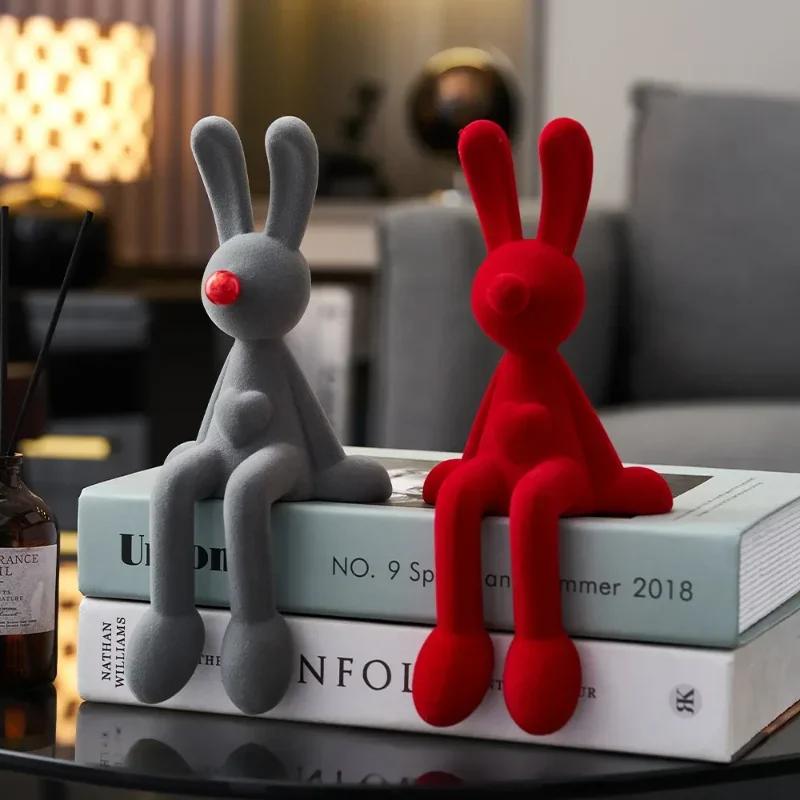 Neue nordische sitzende Kaninchen-Beflockungsfigur mit langem Ohr, TV-Weinschrank, moderne Kunst, Dekoration für Zuhause, Desktop, Veranda, Skulptur, Handwerk
