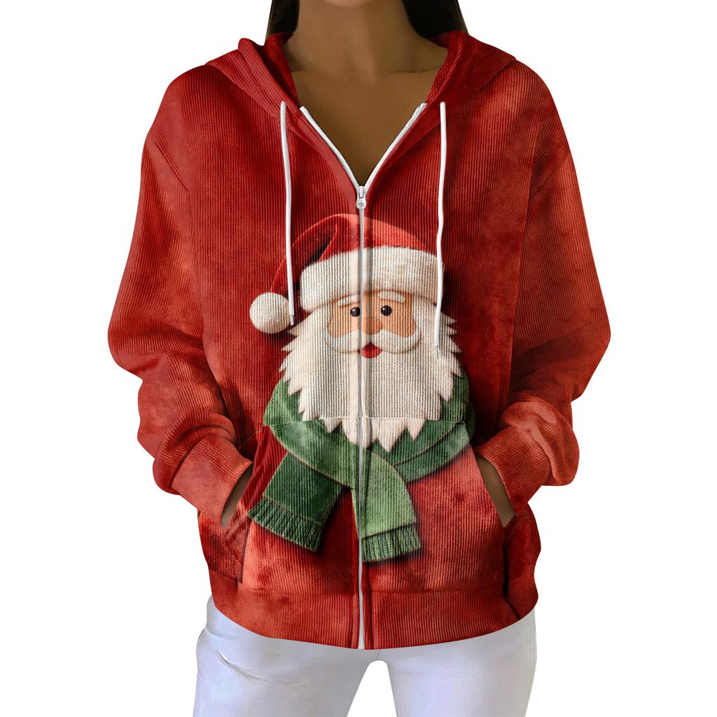 Dámská ležérní módní pletená mikina s kapucí na zip s dlouhým rukávem a vánočním potiskem