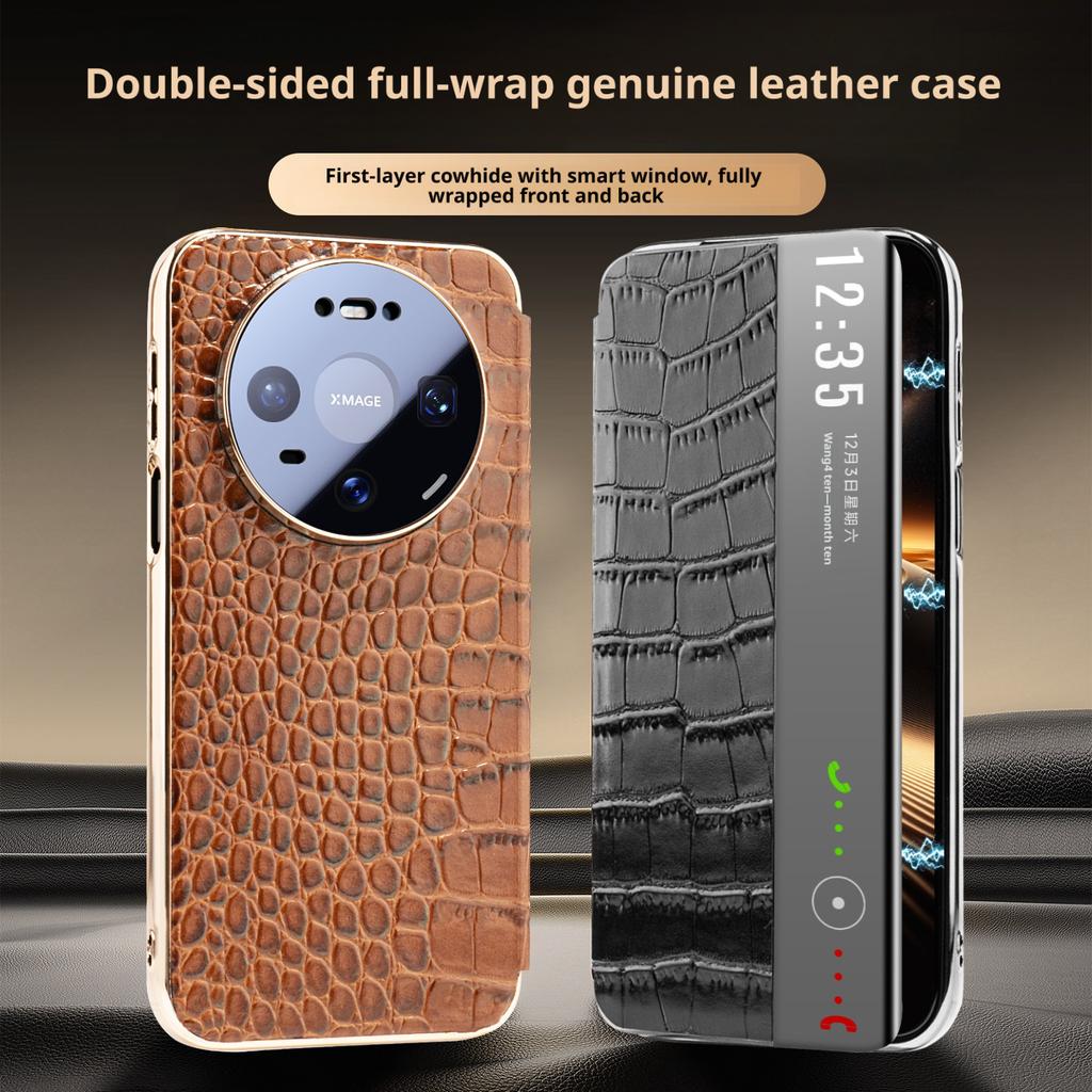 Premium Crocodile Genuine Leather Case For Huawei Mate 80 70 60 Pro Plus RS Max Smart Window Magnetic Lens Protection Full Cover
