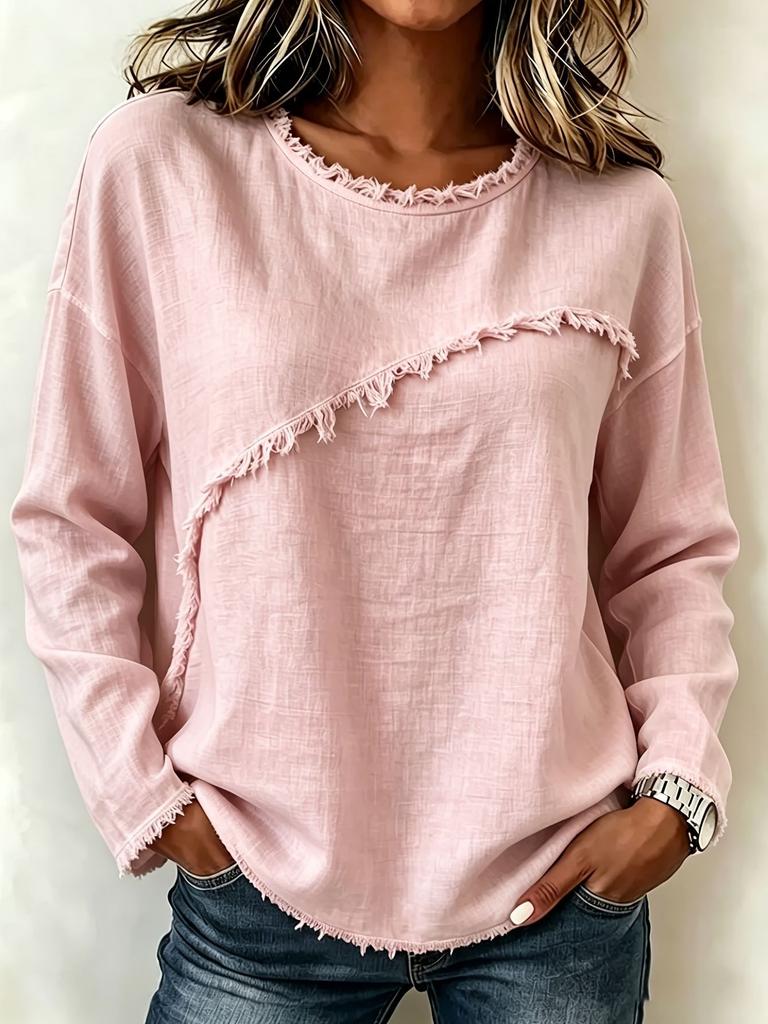 Women Solid Color Raw Edge Long Sleeve Top Casual Loose Fit Pullover Sweatshirt