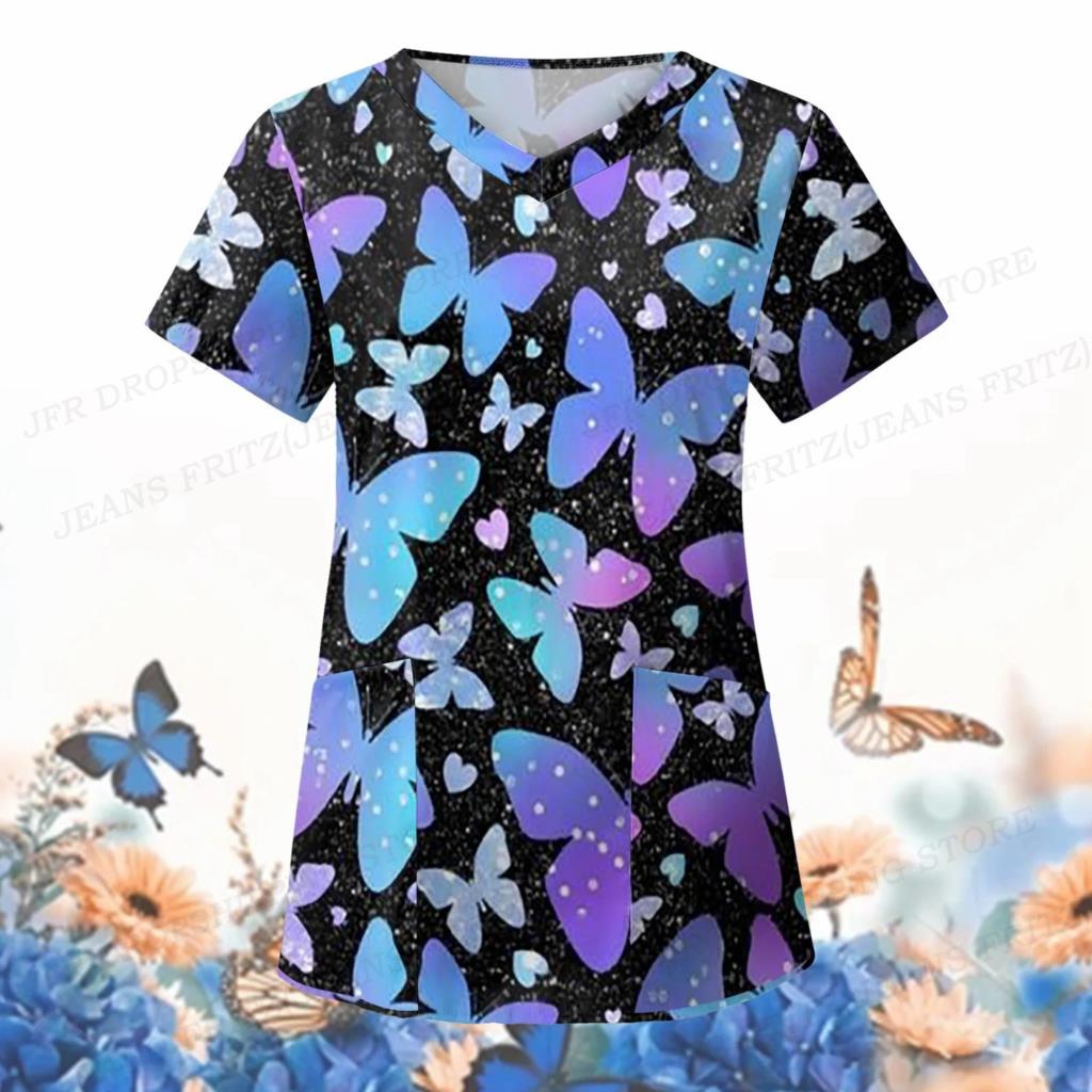 Dámská zdravotní uniforma Animal Butterfly s 3d výstřihem do V. Lékařské uniformy Harajuku ošetřovatelské peelingy Topy Uniforme enfermera Clinic