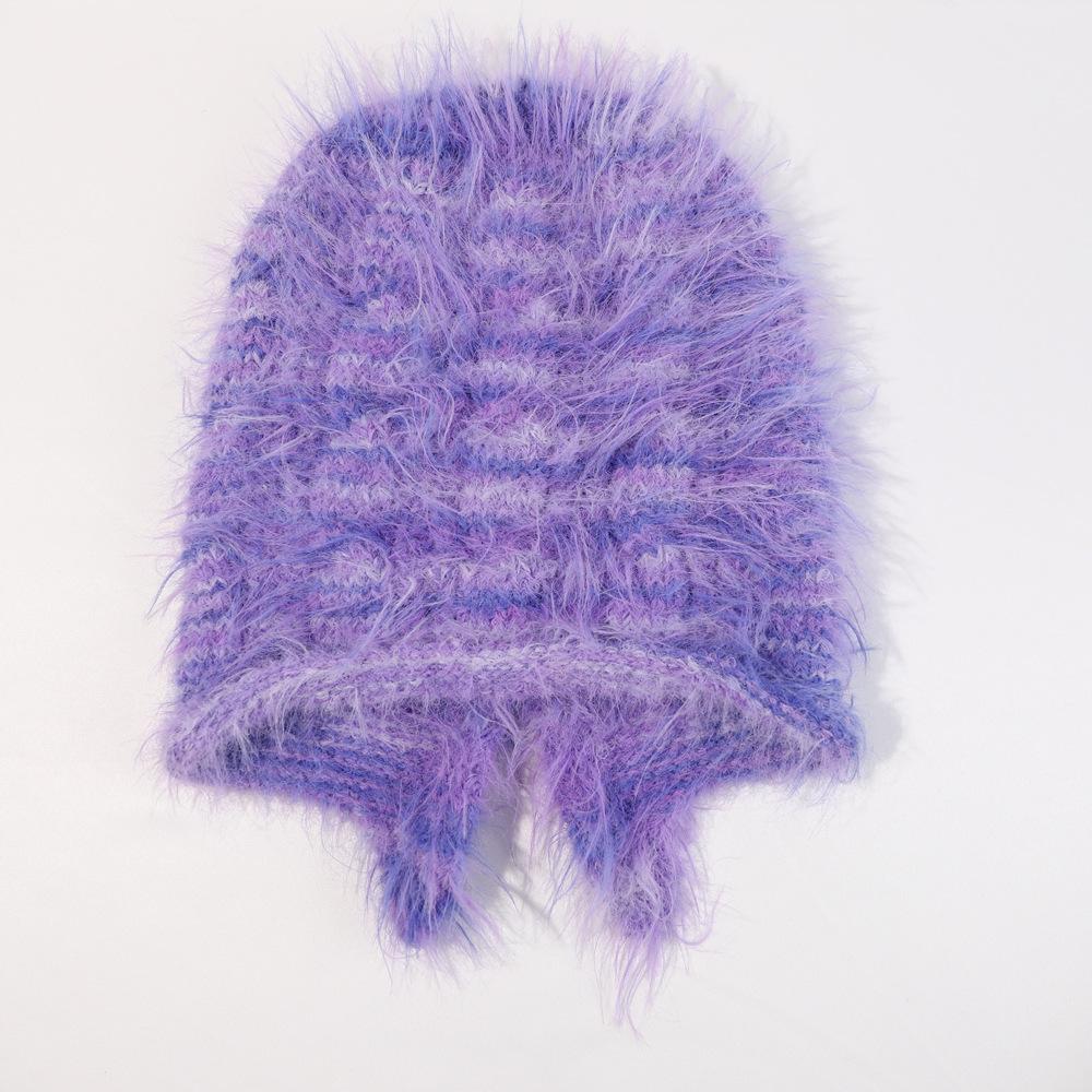 

Rear split fork color plush pullover hat color matching personalized wool hat Korean version Japanese thermal ear protection knitted hat 55-59cm фіолетовий
