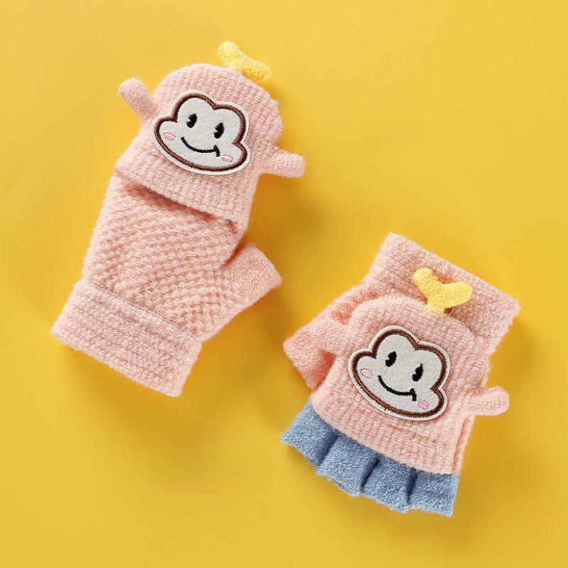Rukavice s přehozem na půl prstu Roztomilé kreslené dětské rukavice Zimní zateplené pletené pro děti Chlapci Dívky 1-5Y Dětské doplňky