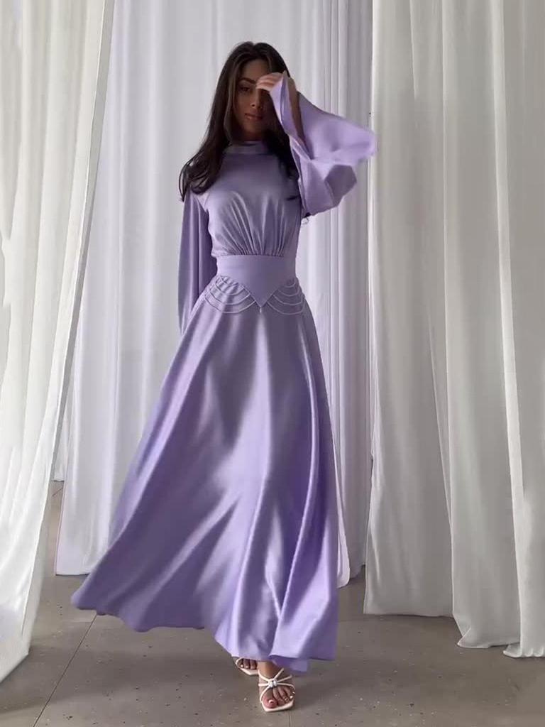 2024 Elegant Solid Color Waist-Cinching Breathable Summer Long-Sleeved Dress
