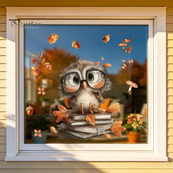 Removable Fall Window Stickers for Home Autumn Static Sticker with Cute Animals & Maple Leaves, Harvest Seasonal Glass Living Room Festival