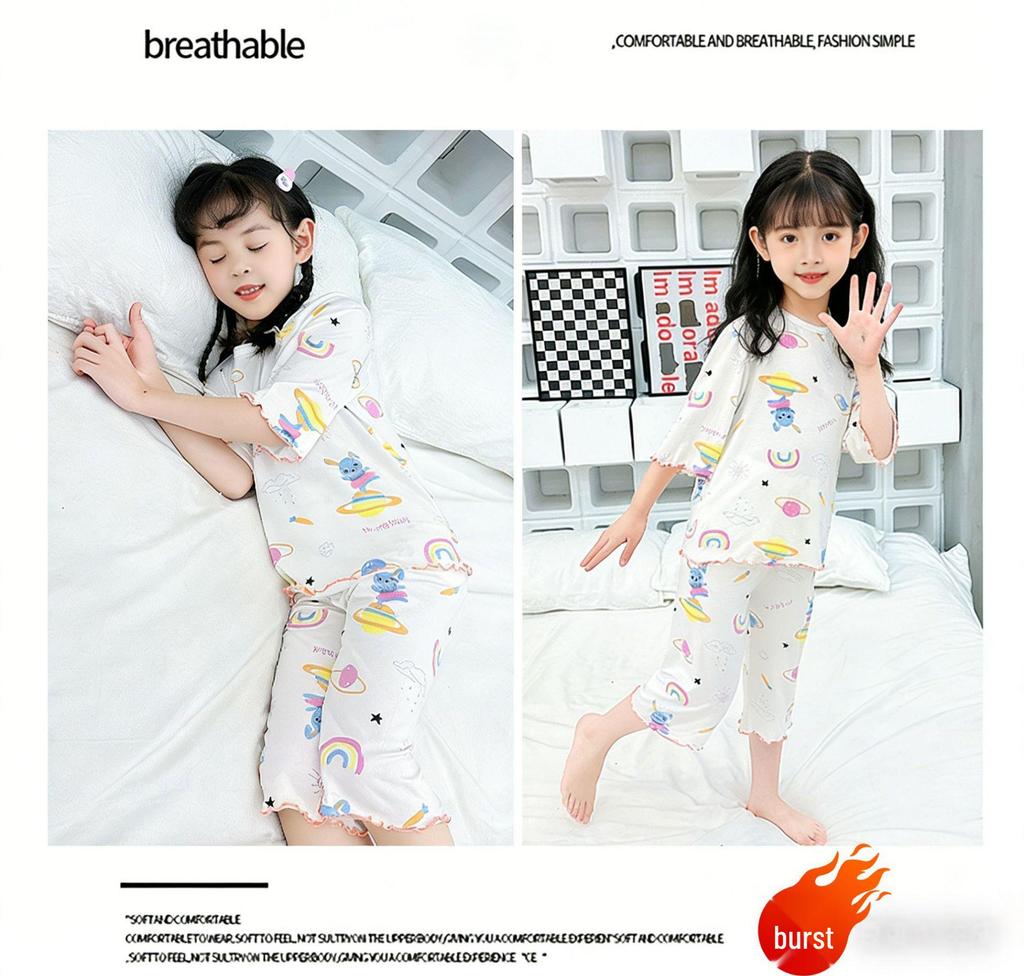 Girls' Modal Summer Pajama Set: Lightweight, Seven-Sleeve Baby Lounge Wear for Air Conditioning.