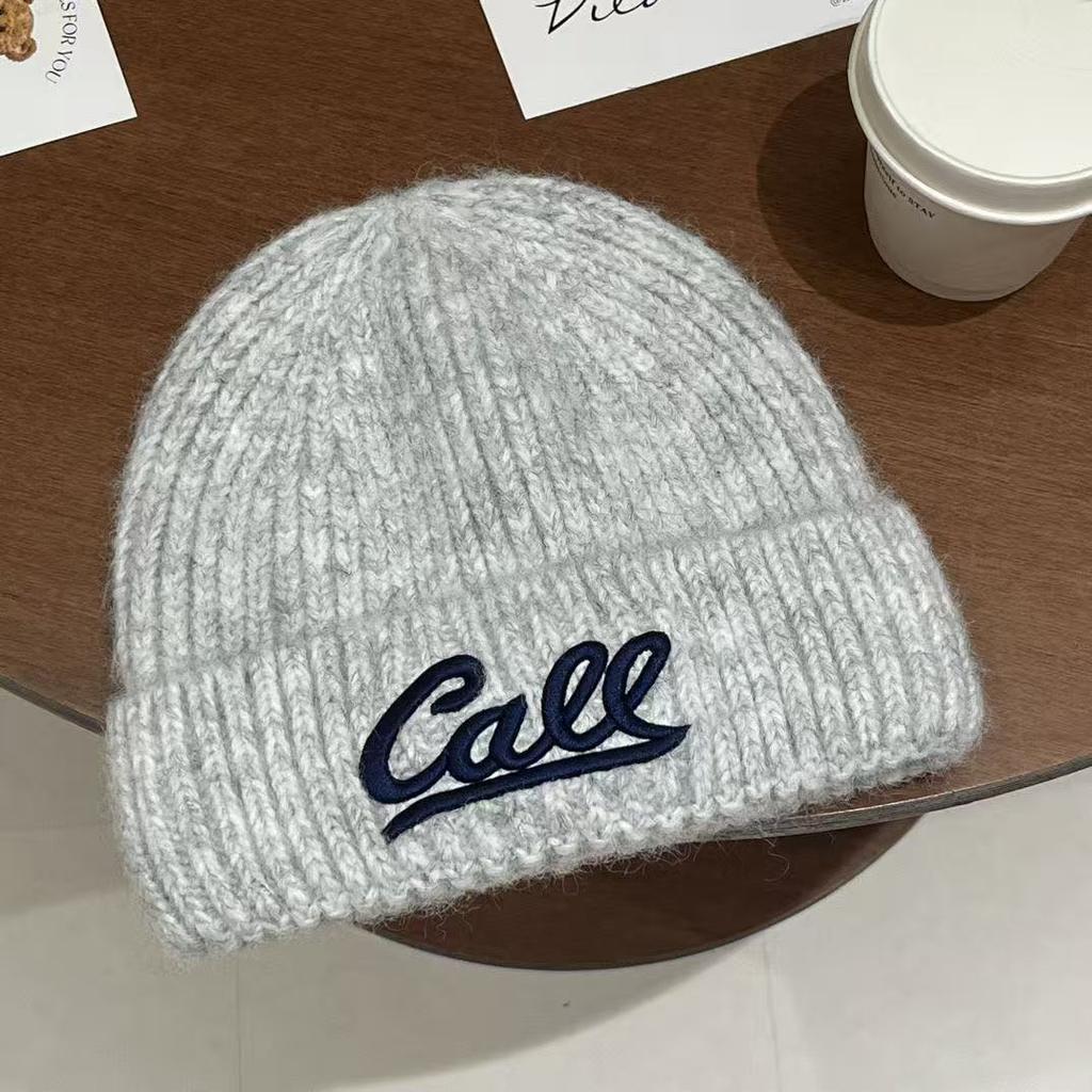 Autumn and winter new fashion letter embroidery knitted hat Korean version versatile solid color big head circumference shows the face small warm