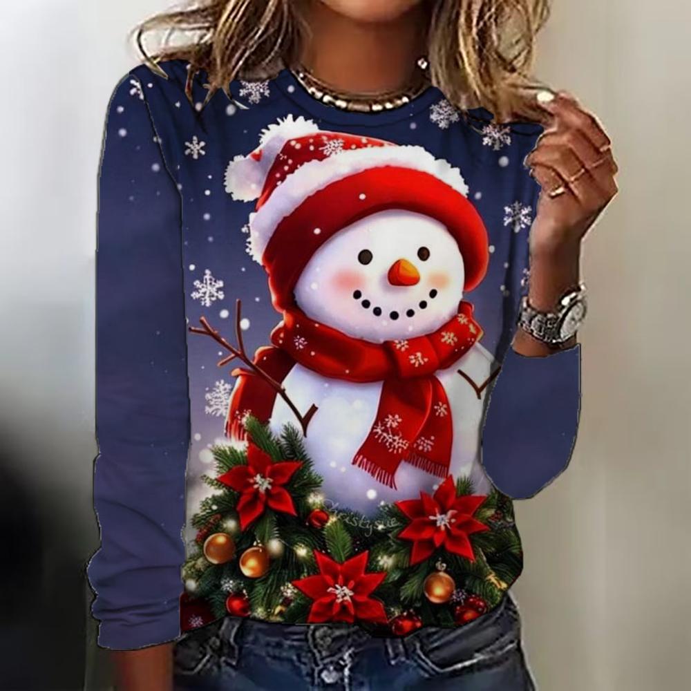 

Забавные рождественские футболки снеговика для вечеринки, женская модная повседневная футболка с длинным рукавом и 3D-принтом, зимние рождественские топы с узором из снежинок 8XL