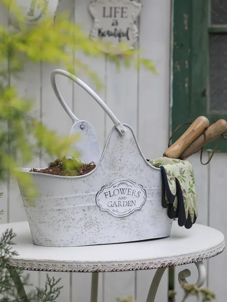 Metal Ironwork Flower Basket Home Furnishings Courtyard Tool Storage Hanging Basket Garden Balcony European Retro Style Decorate