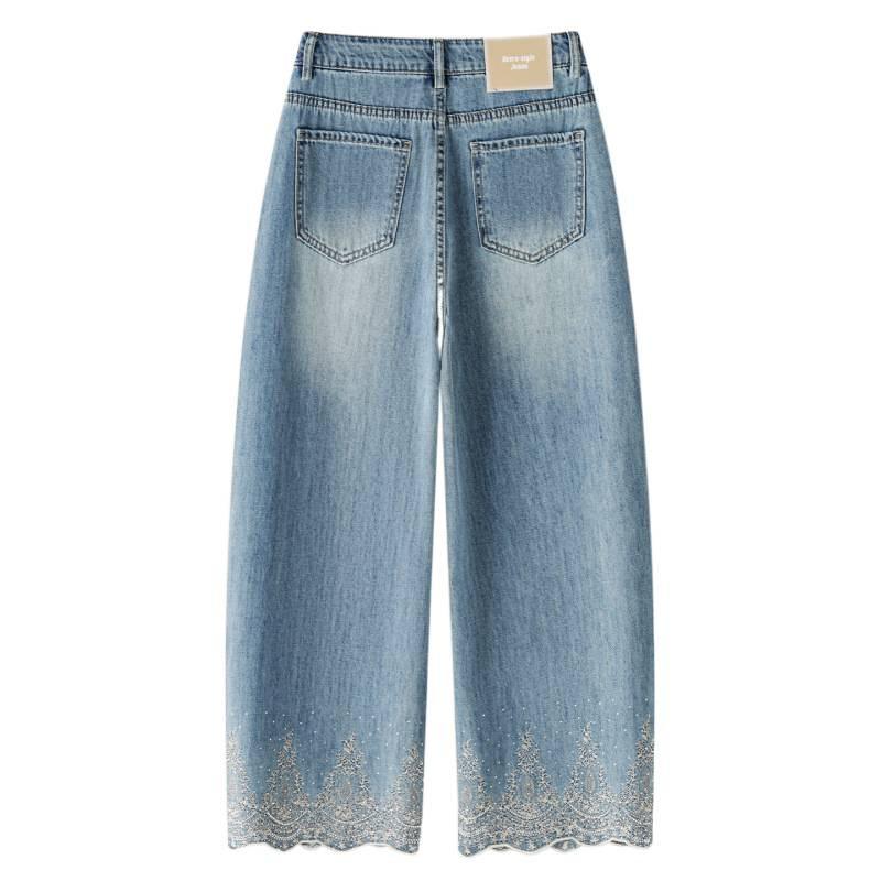 Lace embroidery hot diamond design wide-leg jeans women's summer thin national style retro nine-point scimitar pants