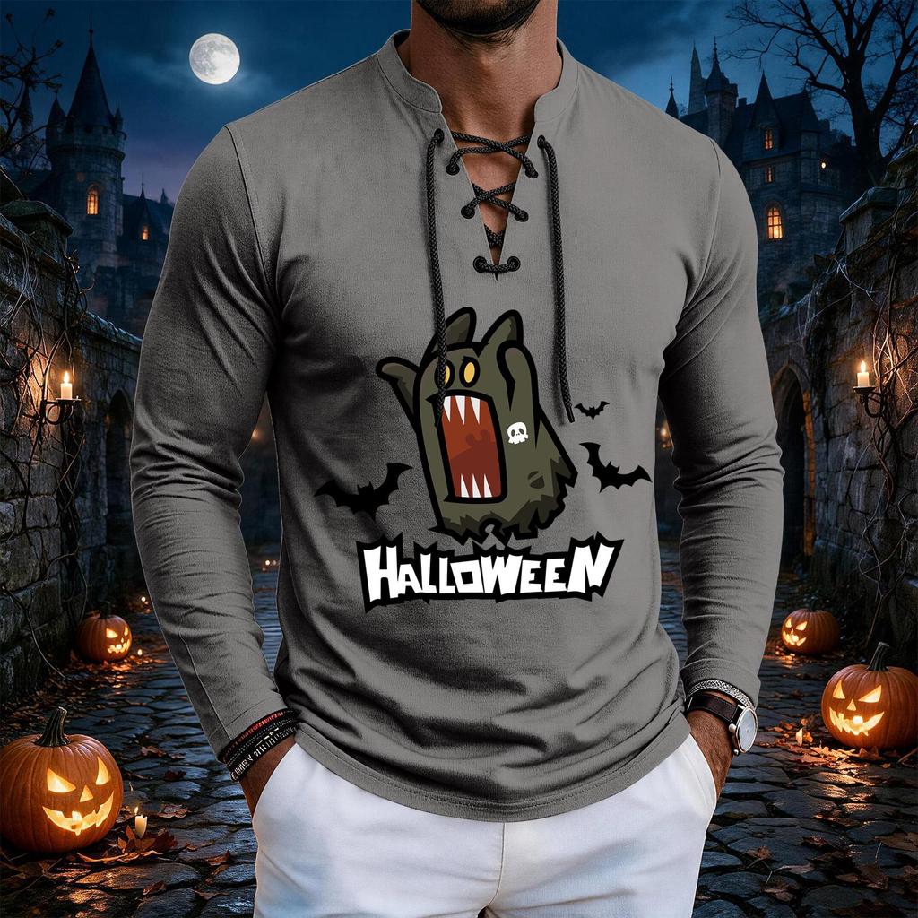 Men's Halloween print retro Henry collar lace-up long-sleeved T-shirt