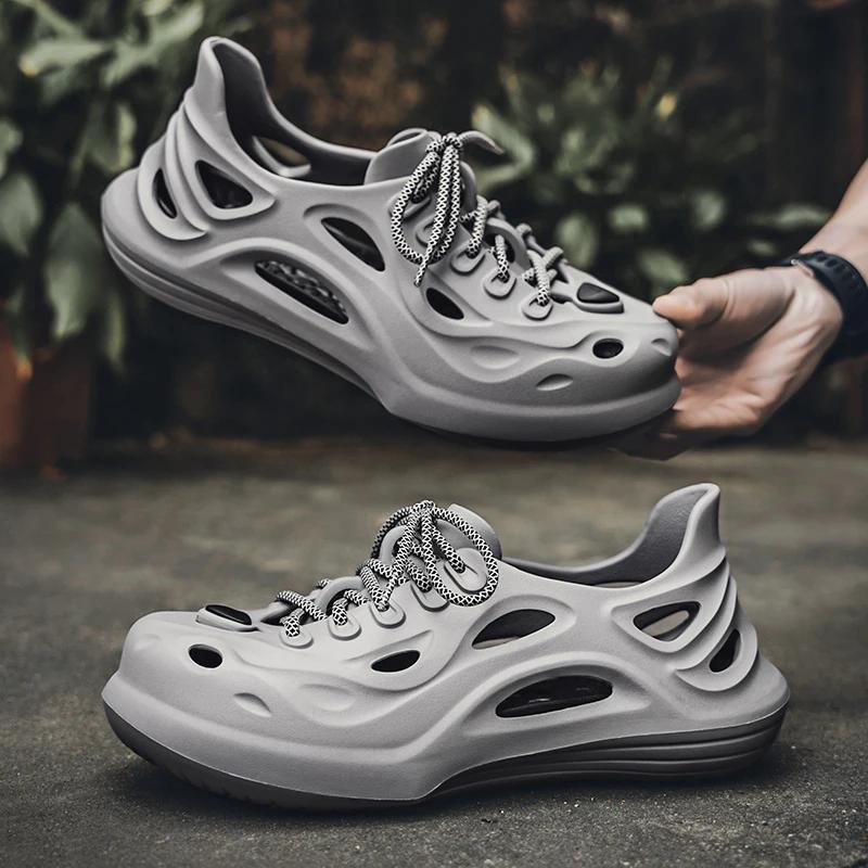 

New Soft-sole Outdoor Garden Shoes Waterproof Fashion Hole Shoes Driving Slippers Men s Breathable Casual Lace Up Sandals Summer 40