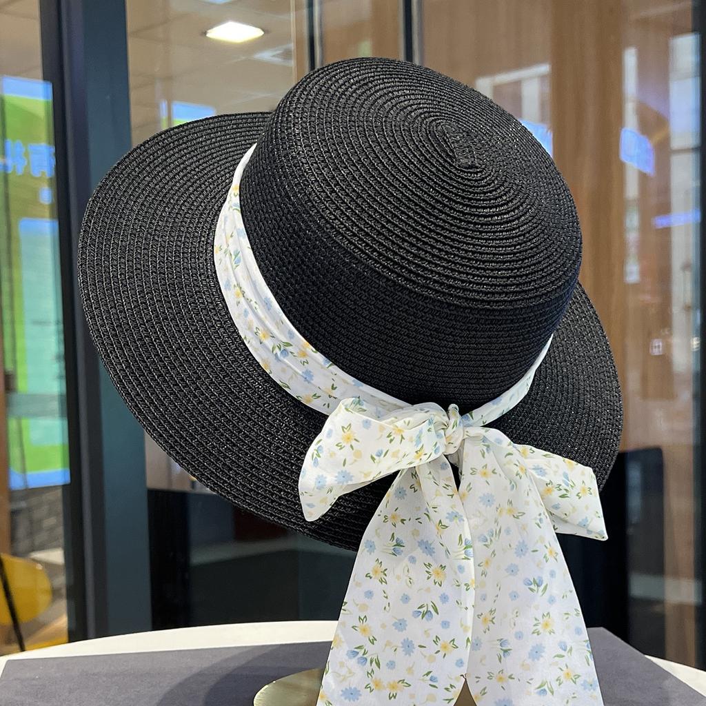 2025 Summer Floral Lace-up Flat-top Straw Hat Children's Large Brim Seaside Vacation Sunshade Sun Hat