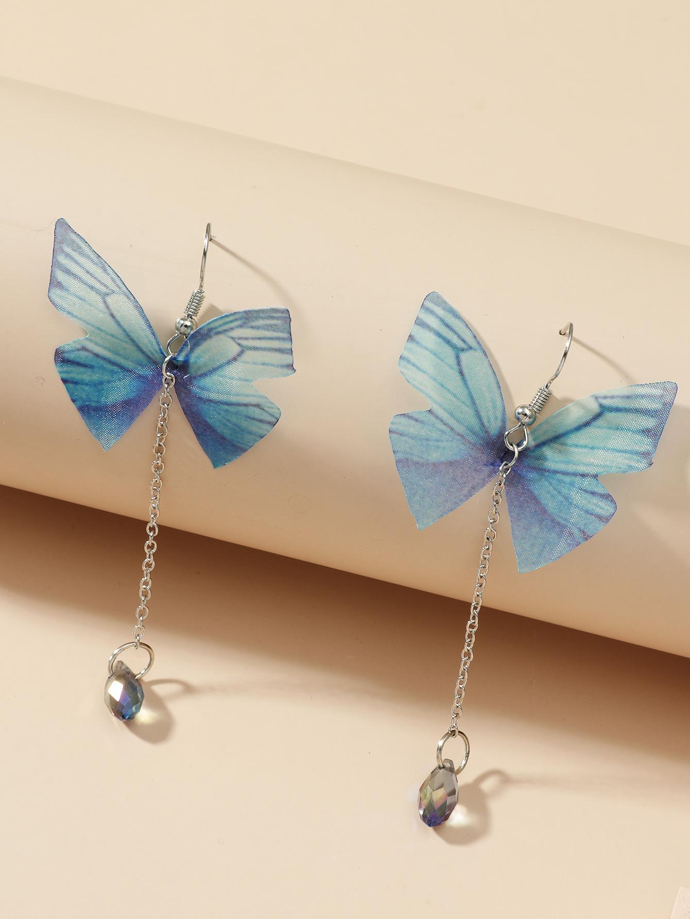 

Korean Fashion Blue Butterfly Flower Water Drop Crystal Pendant Tassels Chain Dangle Earrings for Women Bohemian Zircon Gifts