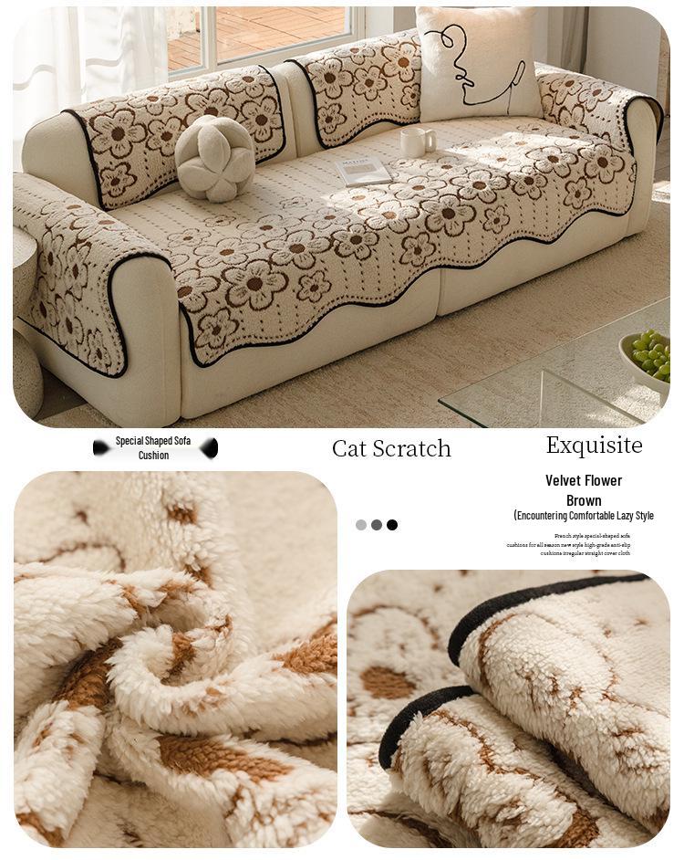 Shu Cotton Velvet Floral Jacquard Non-Slip Sofa Cushion, Thick Cream Style Cover for Autumn/Winter 2025