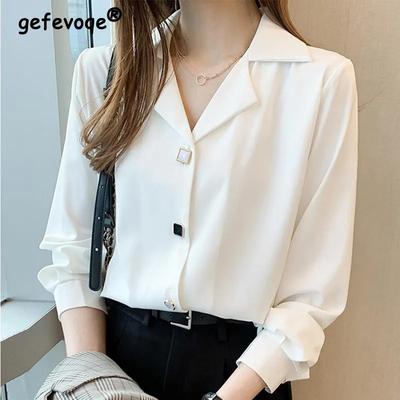 Primavera Verano Oficina señora elegante moda camisa de gasa de manga larga mujeres solapa temperamento todo-fósforo blusa cárdigan femenino Top