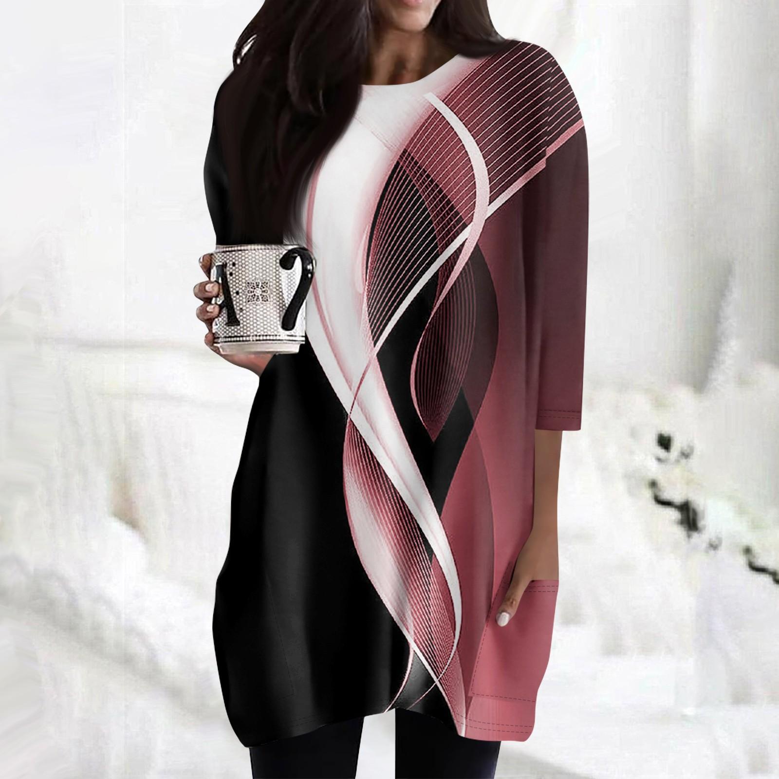 

Женские повседневные рубашки с рукавами 3/4, модные туники с принтом, топы с карманами L горячий розовый