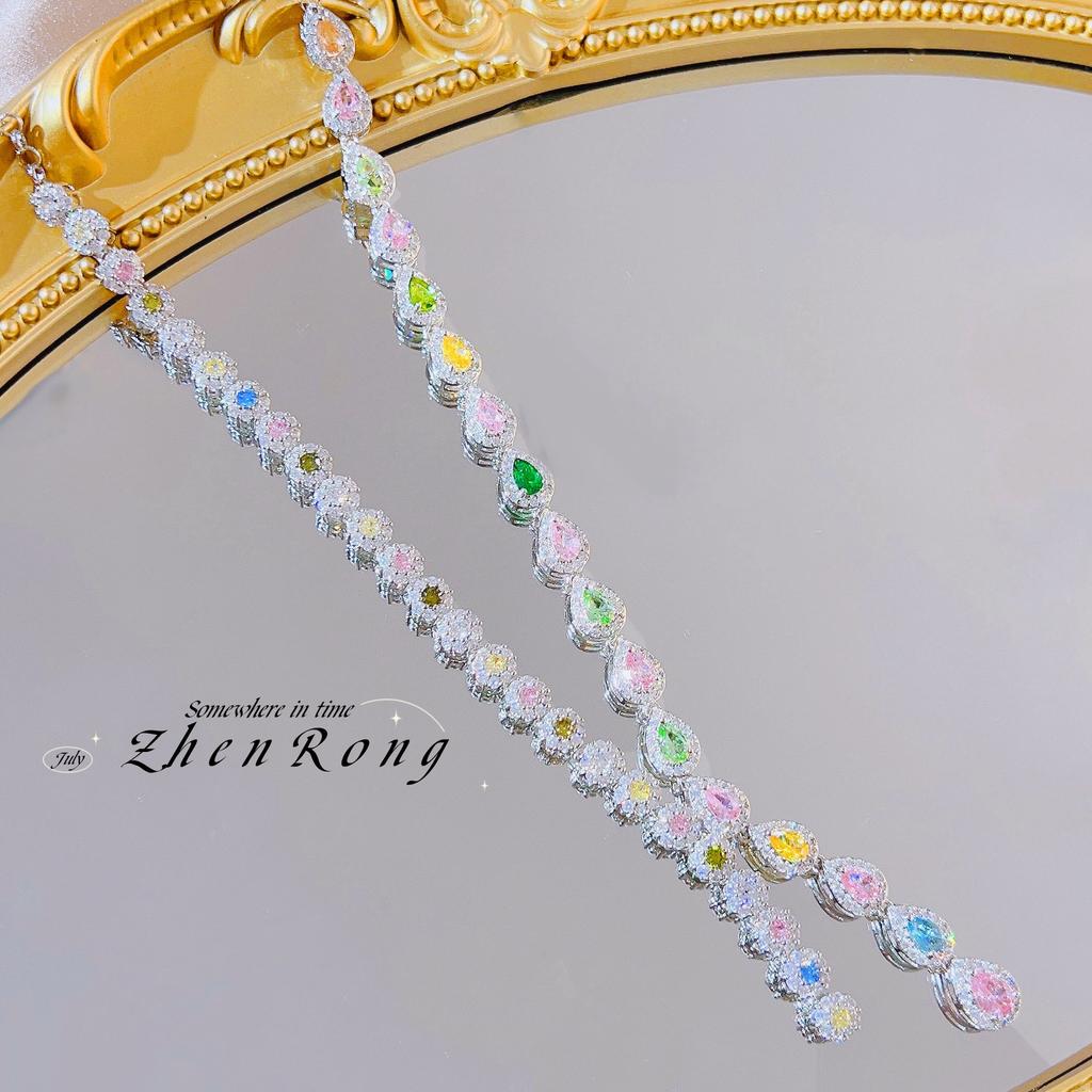 Luxuriöse Abendkleid-Accessoires Bunte Zirkon-Halskette Edles Luxus-Turmalin-Anhänger-Set Kette Buntes Süßigkeiten-Schatz-Mädchen