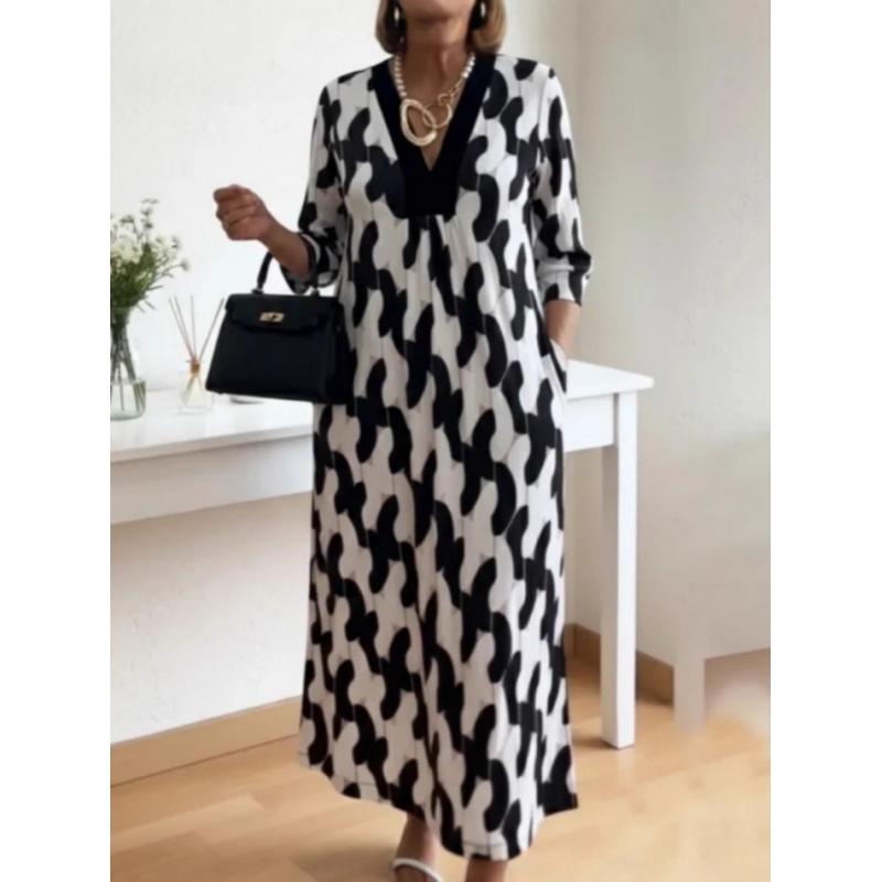 Neues Frühling/Sommer Damen V-Ausschnitt Bedrucktes Kleid Locker Bequem Modisch Schlankmachend Damenbekleidung