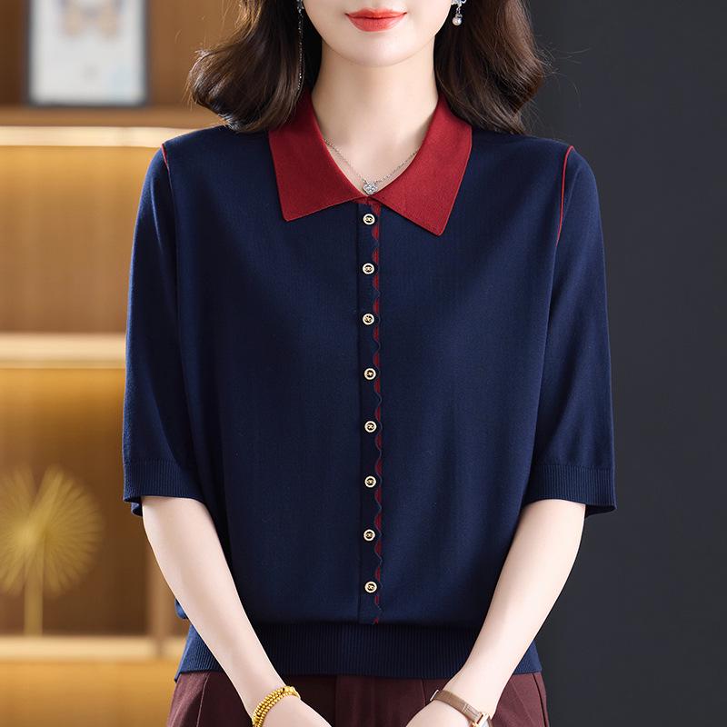 Spring-Autumn Mid-Sleeve Knit Top for Women - Loose Fit, Slimming, Solid Color Lyocell Sweater