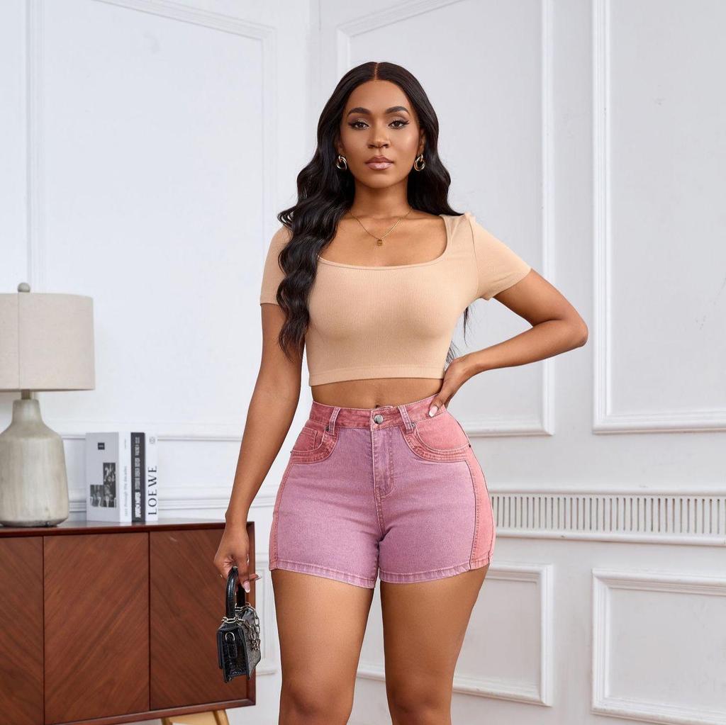 2025 European & American Stretch Fashion Patchwork Denim Hip-lifting Shorts for Women