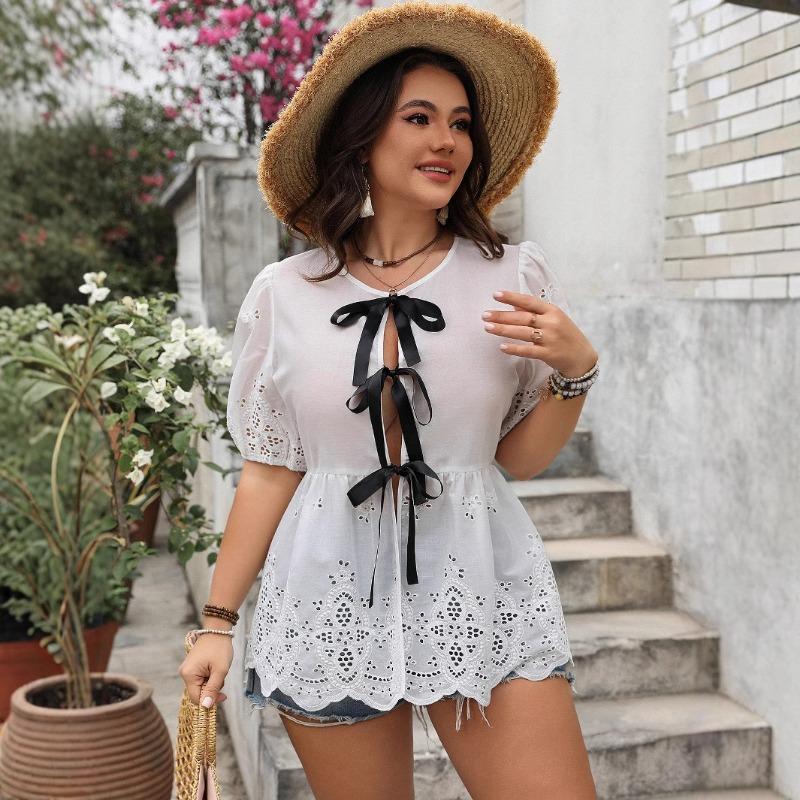 Women's Spring and Summer Casual Solid Color V-neck Hollow Waist Short Sleeve Top