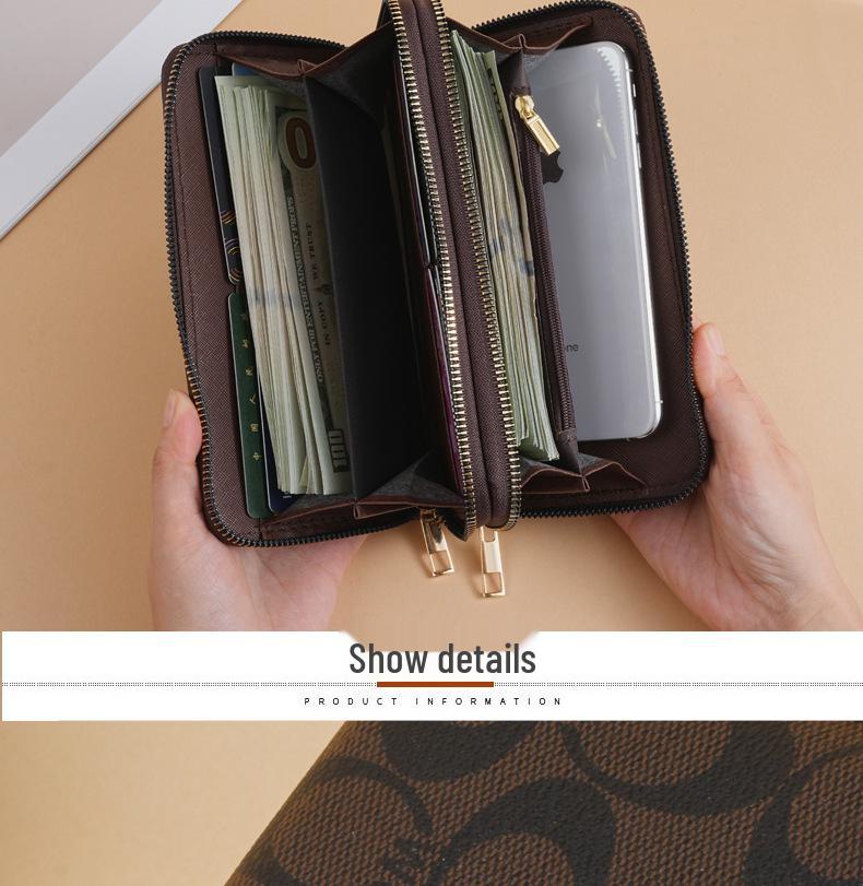 Portofel de lux pentru femei 2025, lung, cu fermoar dublu, tip clutch, cu curea de mână