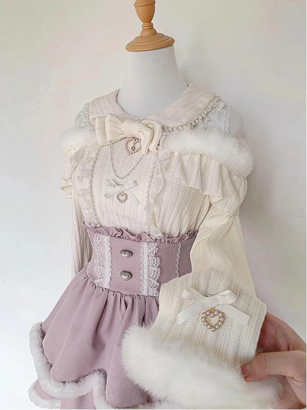 2025 Autumn/Winter Pearl Lace Bow Plush Lolita Long Sleeve Skirt Set for Women