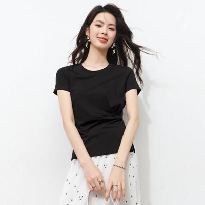 Women's Black Asymmetric Ruched Short Sleeve T-Shirt