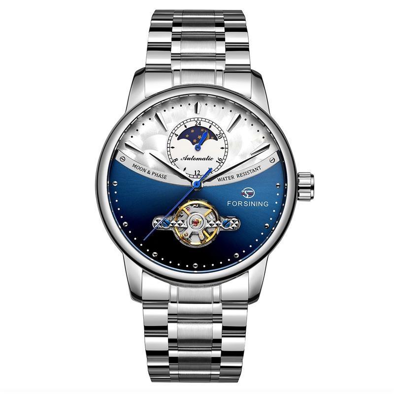 FORSINING Men's Moon Phase Tourbillon Watch Luxury Self-wind Mechanical Automatic Waterproof Retro Watches Stainless Steel Band Wristwatch