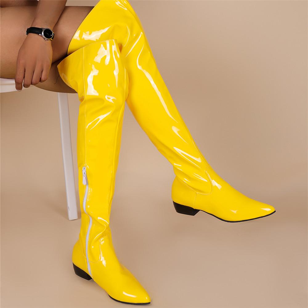 Women Candy Colour Over the Knee Boots Wide Calf Size 31~48 Chunky Low Heel Pointy Toe Patent Leather Comfortable Boot Zip Shoes