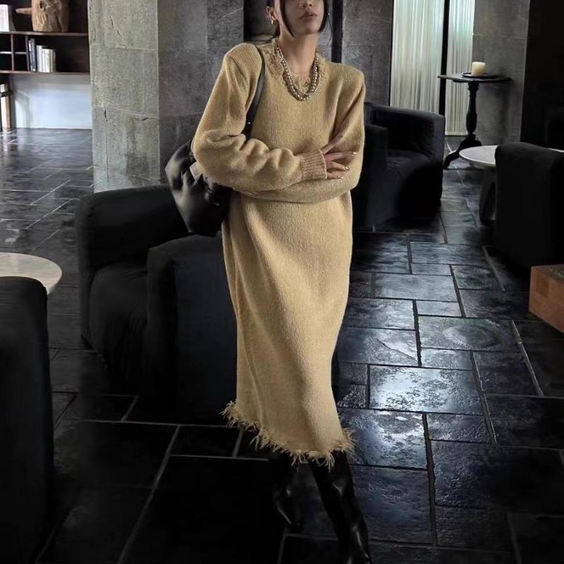 Autumn and Winter New Loose and Thin Lazy Wind Sweater Women's Medium and Long Solid Color Pullover Knitted Dress