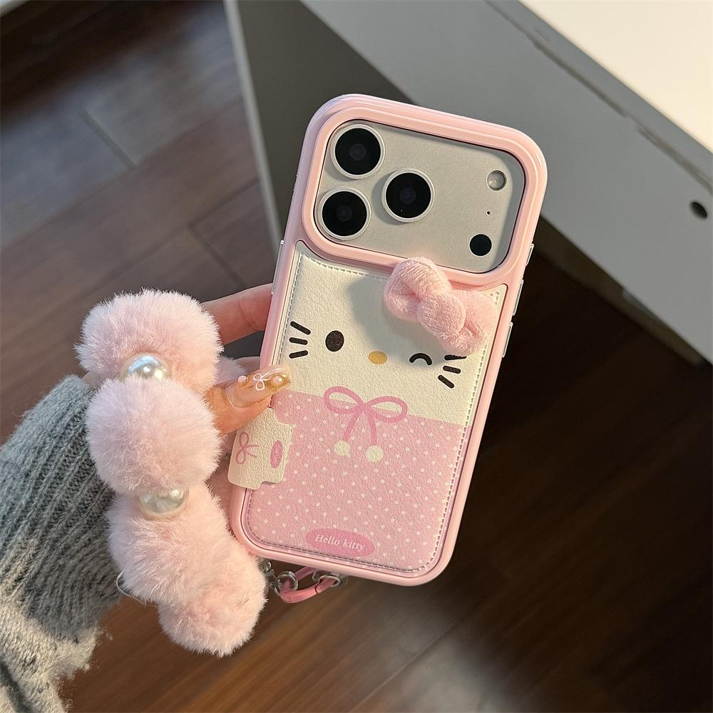 NEW Pink Candy Leather Cute Mini Sanrio Hello Kitty Case For iPhone 17 16 15 14 Pro Max Winter Warm Shockproof Wrist Strap Cover