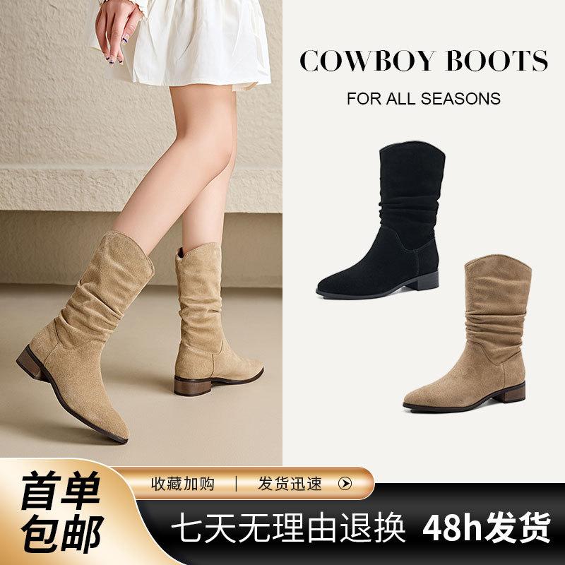 Spring and Autumn Western Cowboy Boots Women's Summer Medium Tube Thick Heel Martin Boots Skinny Pile Knight Boots 2025 New