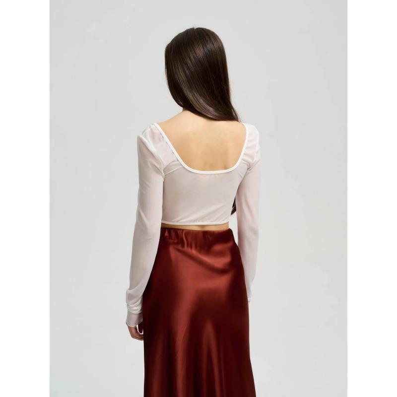 Women S Lace Mesh Panel Long Sleeve Square Neck Slim Fit Crop Top Vest