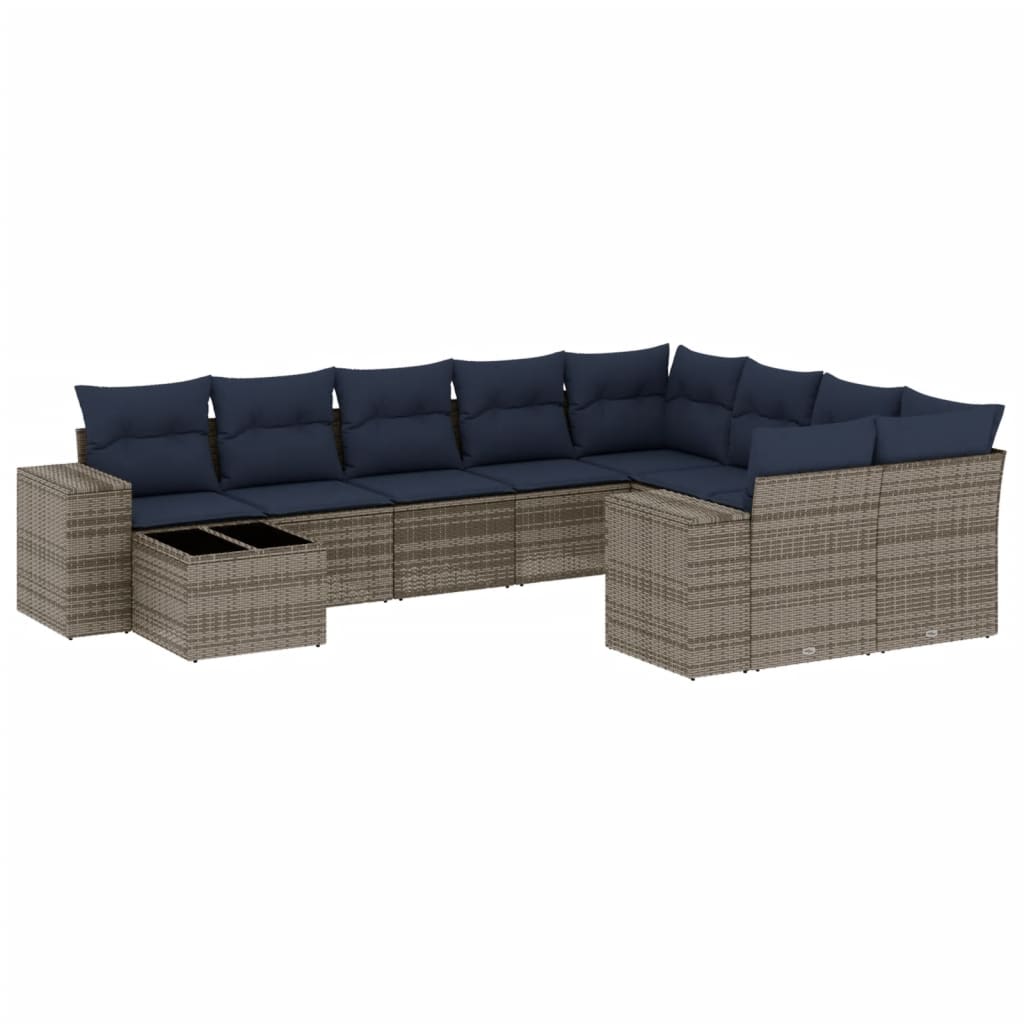 10 Piece Garden Sofa Set with Cushions Gray Poly Rattan