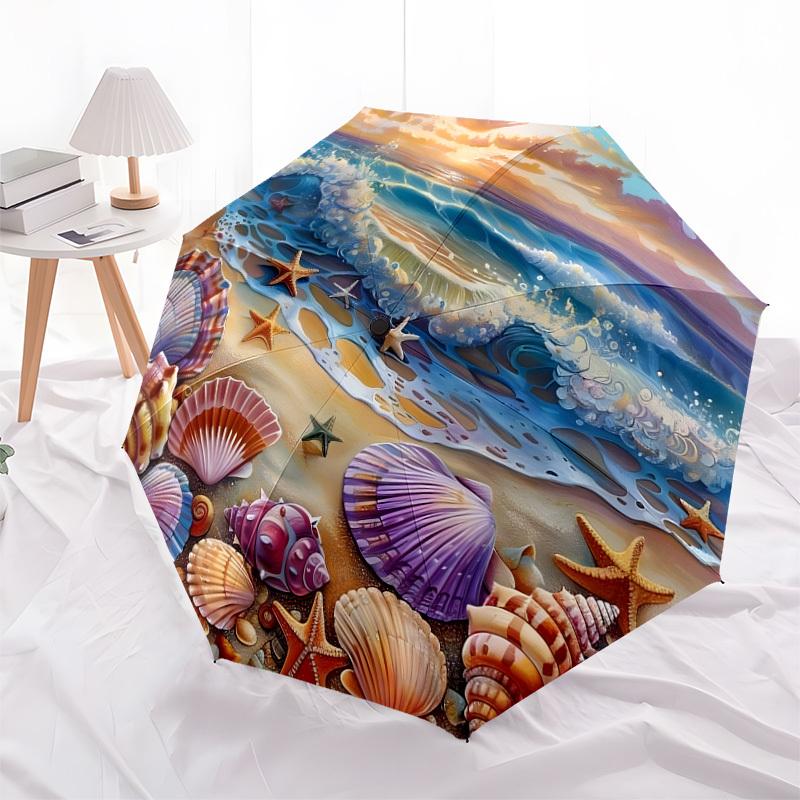 1pc Seashells and Starfish Beach Scene Umbrella with Plastic Handle,Suitable for All Seasons Home Travel Outdoor UmbrellaDD1461