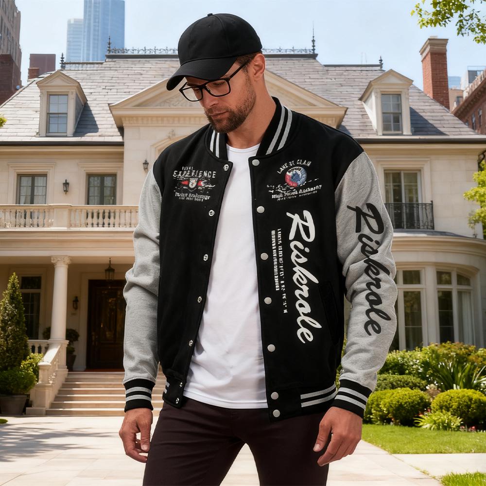 Men's Stand Collar Letter Print Baseball Cardigan Jacket