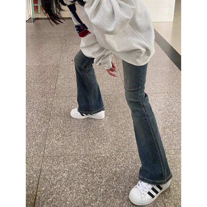 Cement Gray High-Waisted Micro-Flare Jeans with Plus Velvet for Women - Autumn/Winter Slimming Pear-Shaped Fit