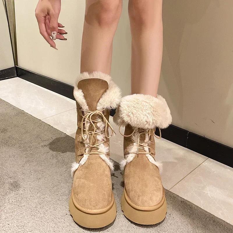 Platform Women's Boots  Winter Short Plush Warm Snow Boots High Top Lace Up Ladies Mid-calf Boots Fashion Casual Flats Shoes