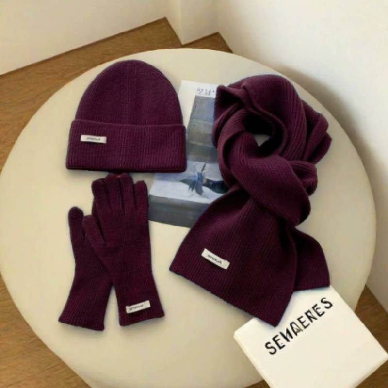 Baumwollstrick Wintermütze Schal Handschuhe Set Für Damen Mit Strukturmuster