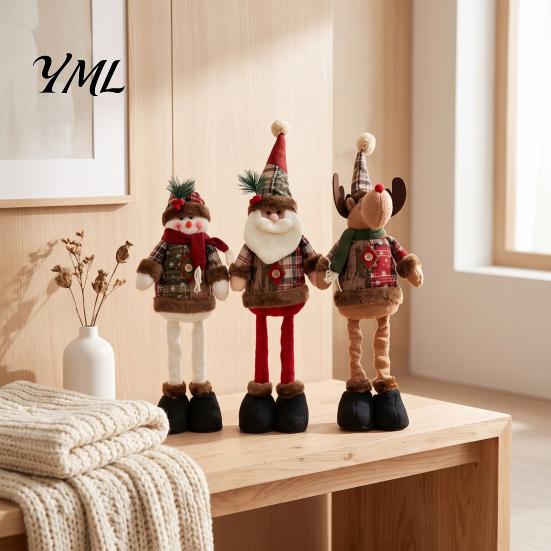 Holiday Tabletop Ornaments for Home Christmas Retractable Leg Plush Doll, Santa Snowman Elk Figures with Soft Fabric Collectibles Adjustable Long Legs