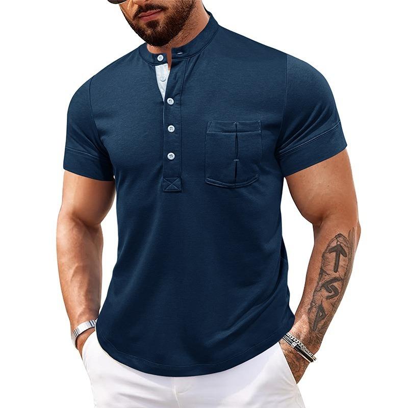 Men Black Stand Collar Henley Neck Short Sleeve T Shirt With Chest Pocket Casual Summer