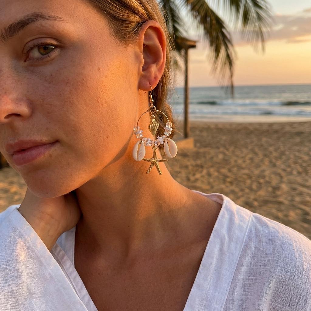 Mermaidcore Seashell Starfish Hoop Dangle Earrings for Women Beaded Boho Ocean Beach Summer Vacation Fashion Jewelry Accessories