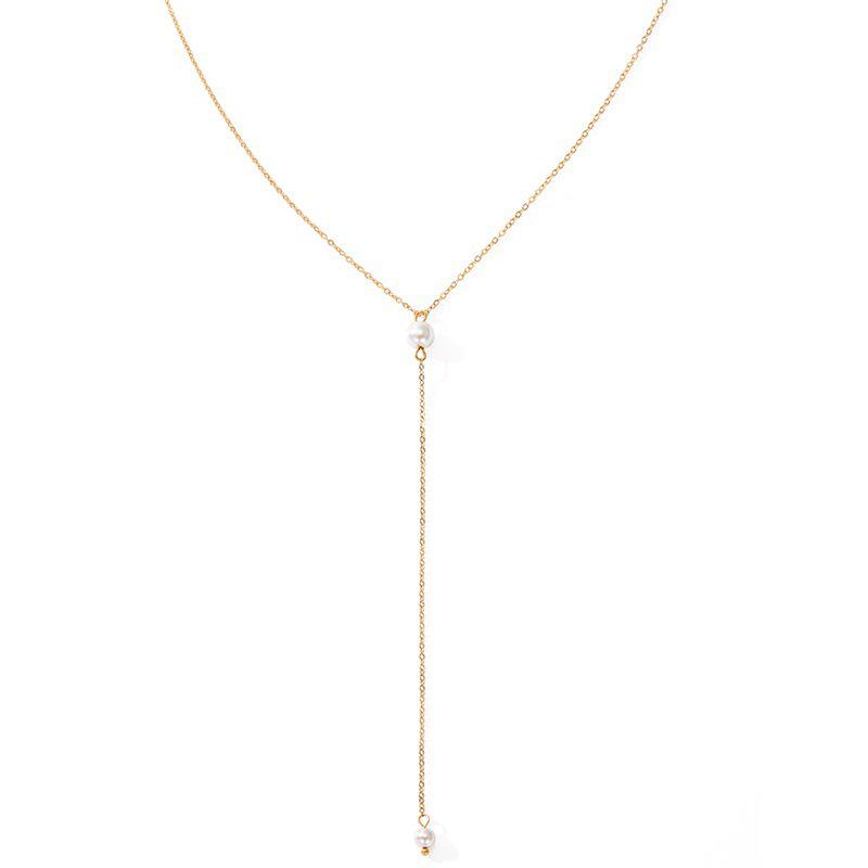 Adjustable Faux Pearl 14K Gold Y-Shaped Pendant Necklace - Hypoallergenic Stainless Steel Choker